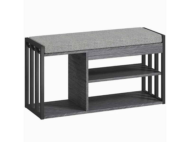 Meuble à chaussures avec banc, étagère à chaussures à 3 niveaux, bois et métal, gris (86x30x45.4 cm)