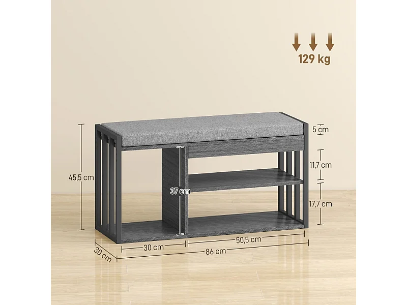 Meuble à chaussures avec banc, étagère à chaussures à 3 niveaux, bois et métal, gris (86x30x45.4 cm)