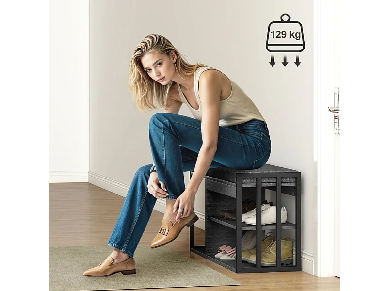 Meuble à chaussures avec banc, étagère à chaussures à 3 niveaux, bois et métal, gris (86x30x45.4 cm)