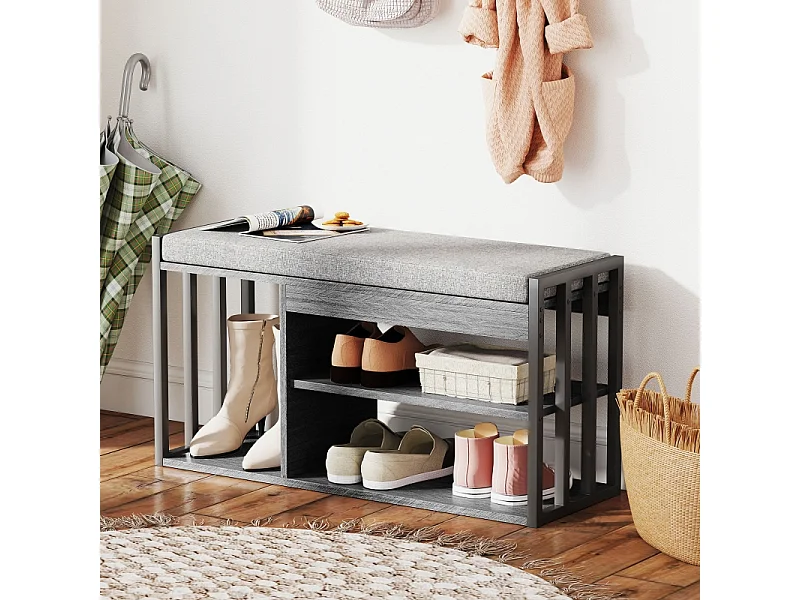 Scarpiera con panca, scarpiera a 3 ripiani, legno e metallo, grigio (86x30x45,4 cm)