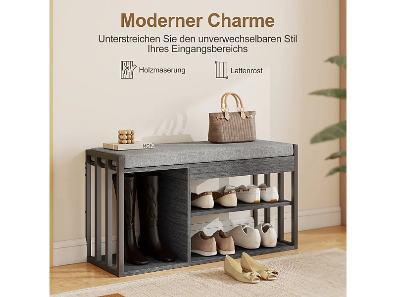Scarpiera con panca, scarpiera a 3 ripiani, legno e metallo, grigio (86x30x45,4 cm)