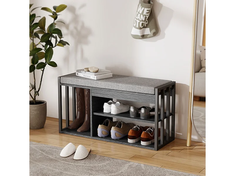 Scarpiera con panca, scarpiera a 3 ripiani, legno e metallo, grigio (86x30x45,4 cm)