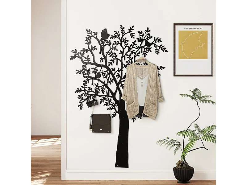 Appendiabiti da parete, design ad albero, metallo, nero (120x6x175 cm)