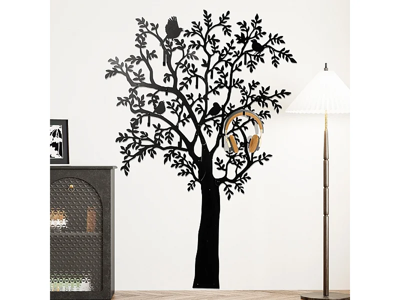 Appendiabiti da parete, design ad albero, metallo, nero (120x6x175 cm)