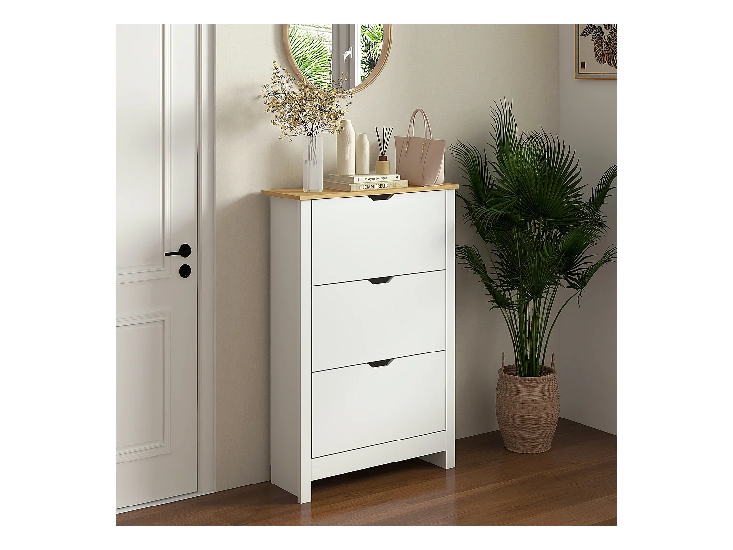 Armoire à chaussures, 3 compartiments, bois, blanc et naturel (72x26x112 cm)