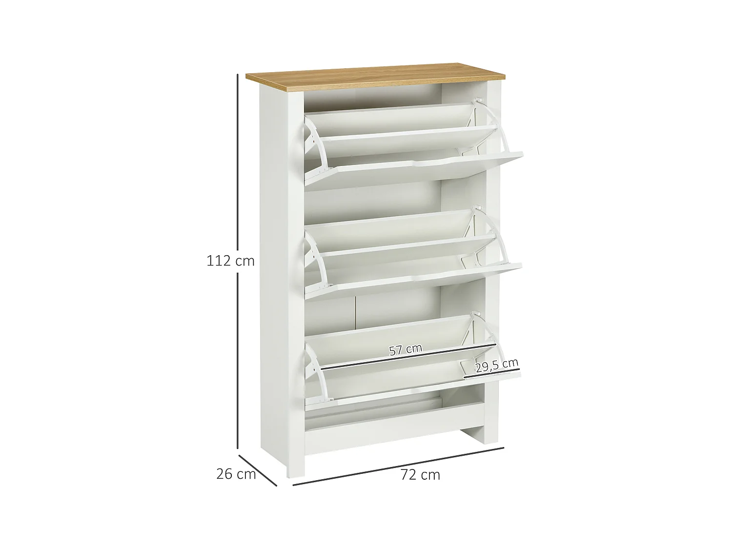 Armoire à chaussures, 3 compartiments, bois, blanc et naturel (72x26x112 cm)