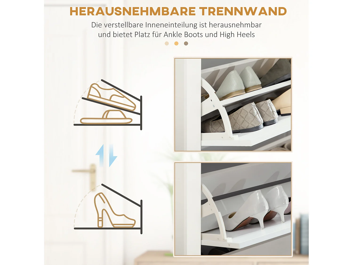 Armoire à chaussures, 3 compartiments, bois, blanc et naturel (72x26x112 cm)