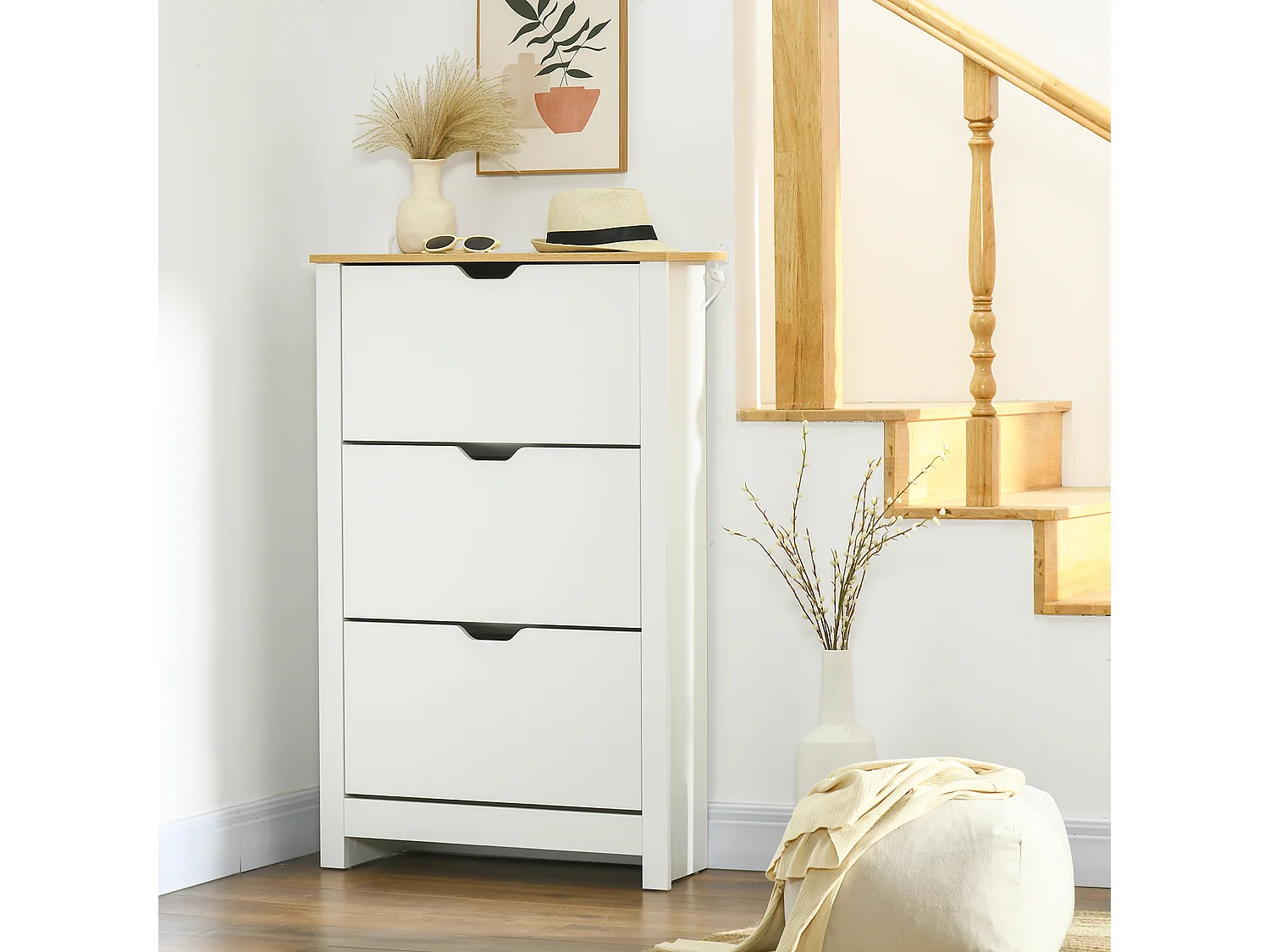 Armoire à chaussures, 3 compartiments, bois, blanc et naturel (72x26x112 cm)