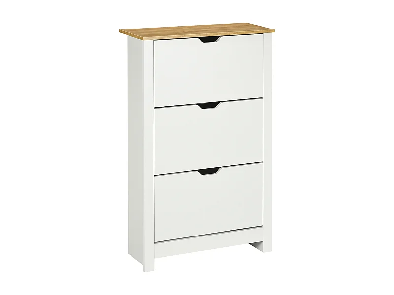 Armoire à chaussures, 3 compartiments, bois, blanc et naturel (72x26x112 cm)