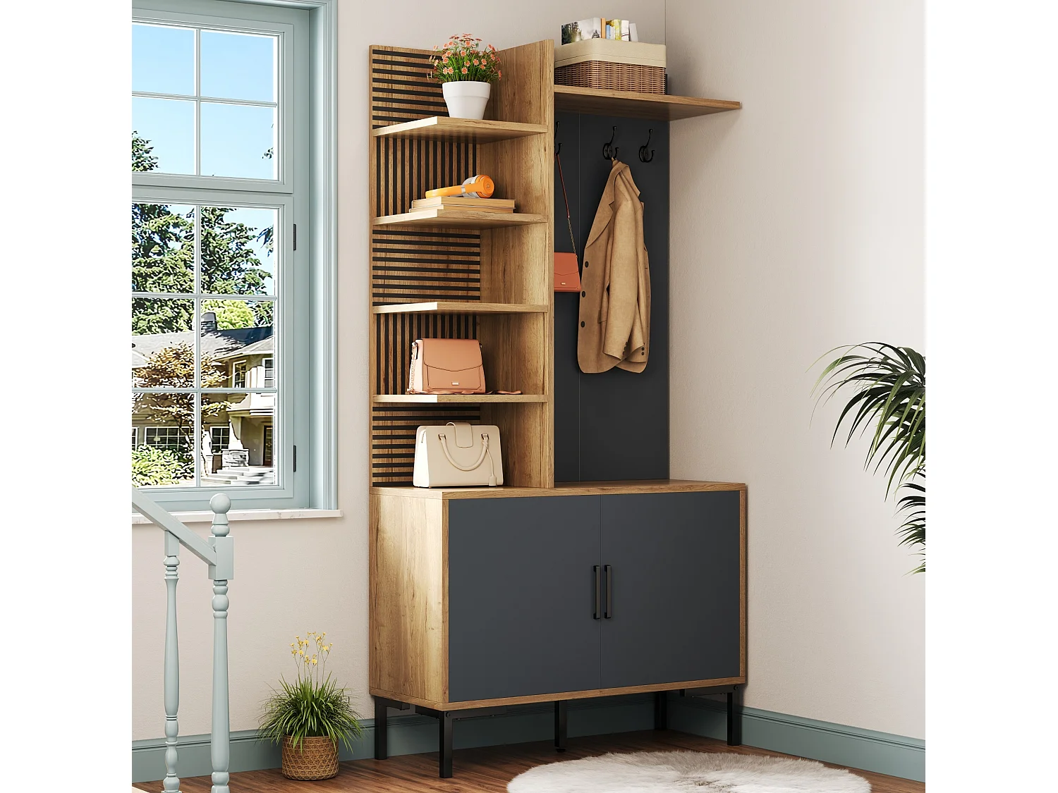 Armadio con ripiani, vano portascarpe, divisori regolabili e ganci, legno e nero (100x40x190,5 cm)