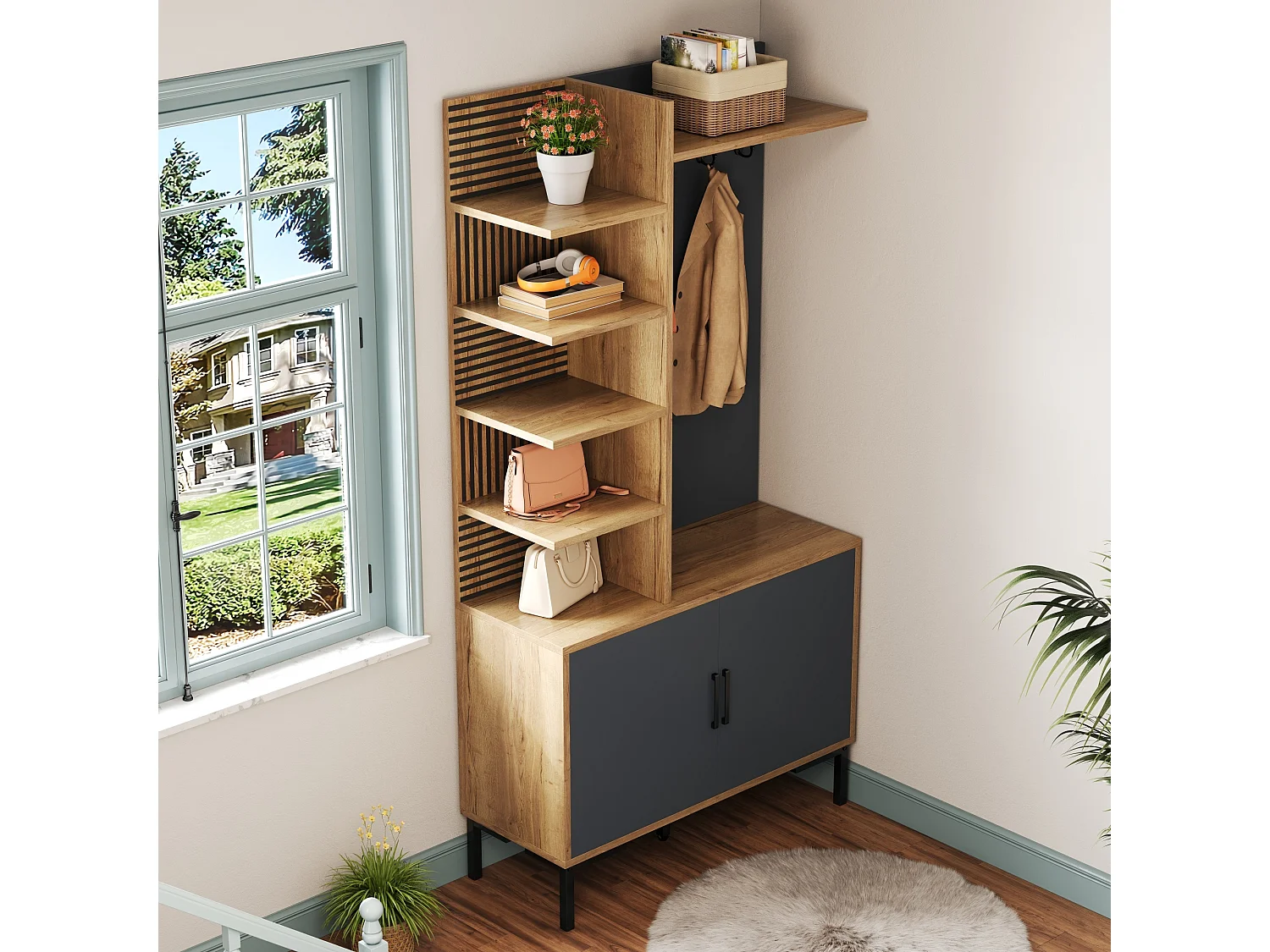 Armadio con ripiani, vano portascarpe, divisori regolabili e ganci, legno e nero (100x40x190,5 cm)