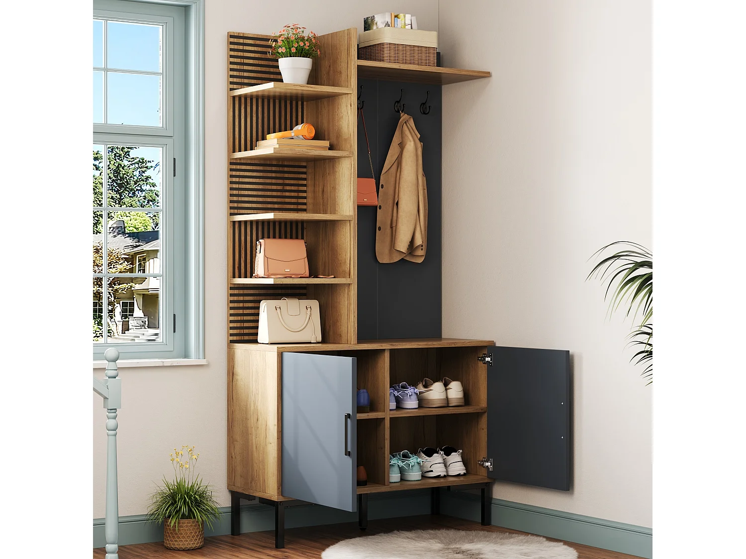 Armadio con ripiani, vano portascarpe, divisori regolabili e ganci, legno e nero (100x40x190,5 cm)