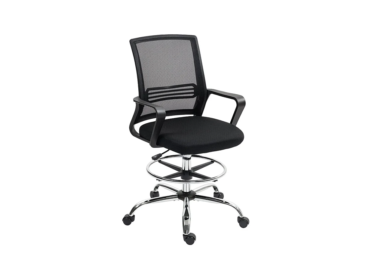 Chaise de bureau réglable, pivotante, avec dossier en maille, métal et cuir synthétique, noir (58x58x103-123 cm)