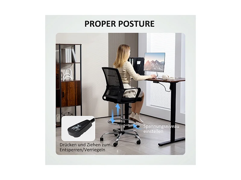 Chaise de bureau réglable, pivotante, avec dossier en maille, métal et cuir synthétique, noir (58x58x103-123 cm)