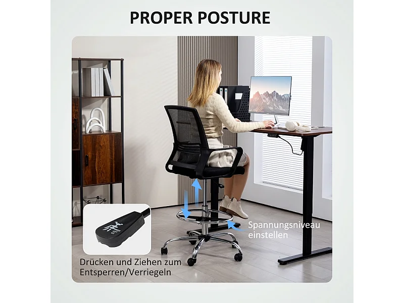 Sedia da ufficio girevole e regolabile con schienale in rete, metallo e similpelle, nera (58x58x103-123 cm)