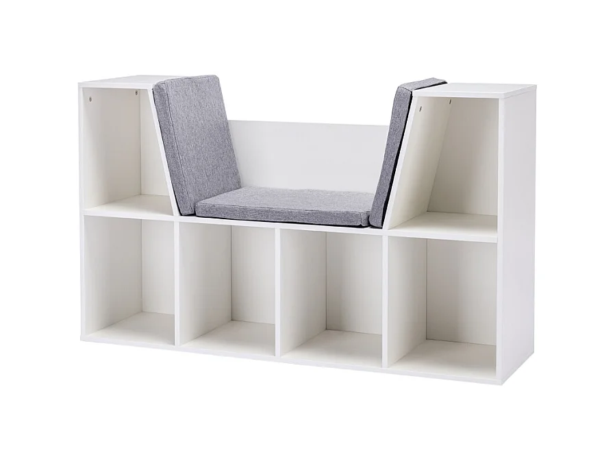Bibliothèque enfant avec siège, 6 compartiments, MDF, blanc et gris, avec coussins (103x30x62 cm)