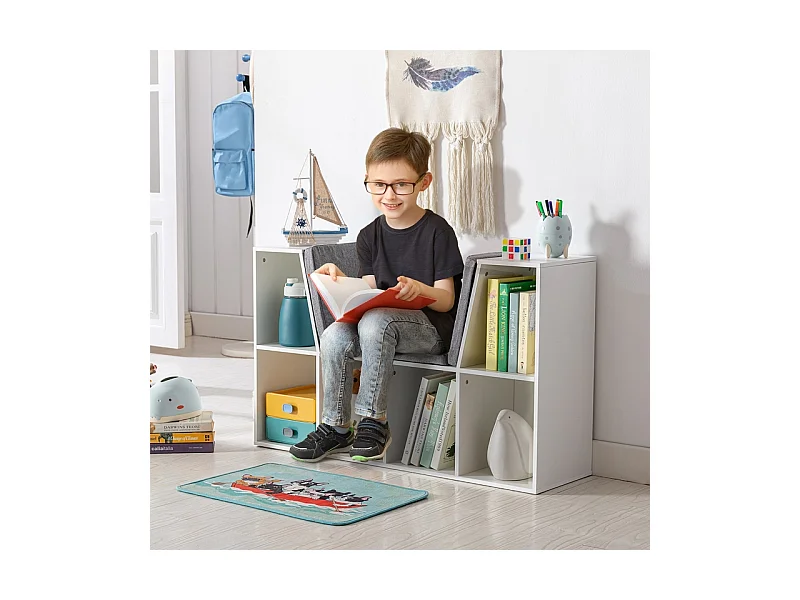 Bibliothèque enfant avec siège, 6 compartiments, MDF, blanc et gris, avec coussins (103x30x62 cm)