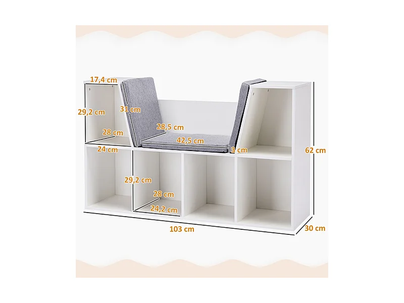 Bibliothèque enfant avec siège, 6 compartiments, MDF, blanc et gris, avec coussins (103x30x62 cm)