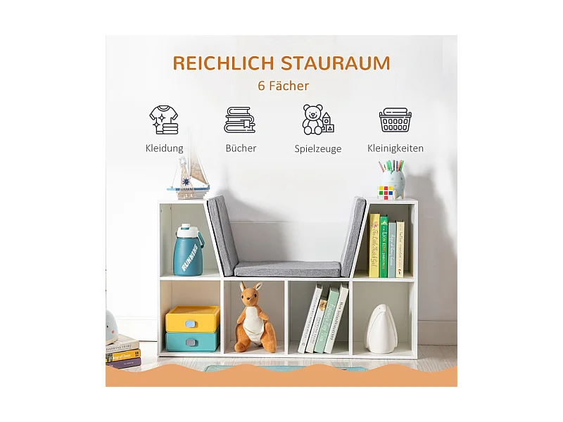 Bibliothèque enfant avec siège, 6 compartiments, MDF, blanc et gris, avec coussins (103x30x62 cm)