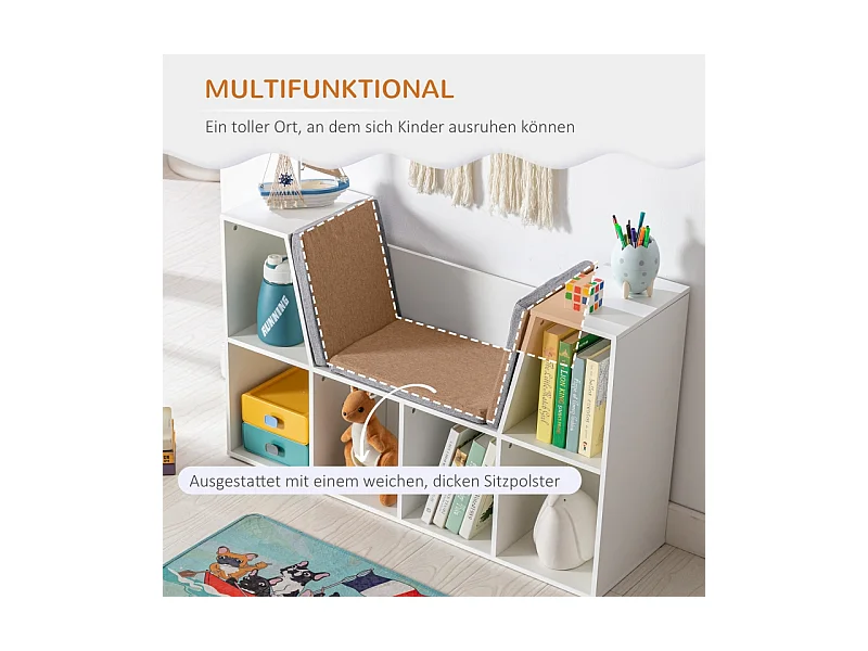 Bibliothèque enfant avec siège, 6 compartiments, MDF, blanc et gris, avec coussins (103x30x62 cm)