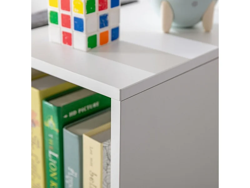 Bibliothèque enfant avec siège, 6 compartiments, MDF, blanc et gris, avec coussins (103x30x62 cm)