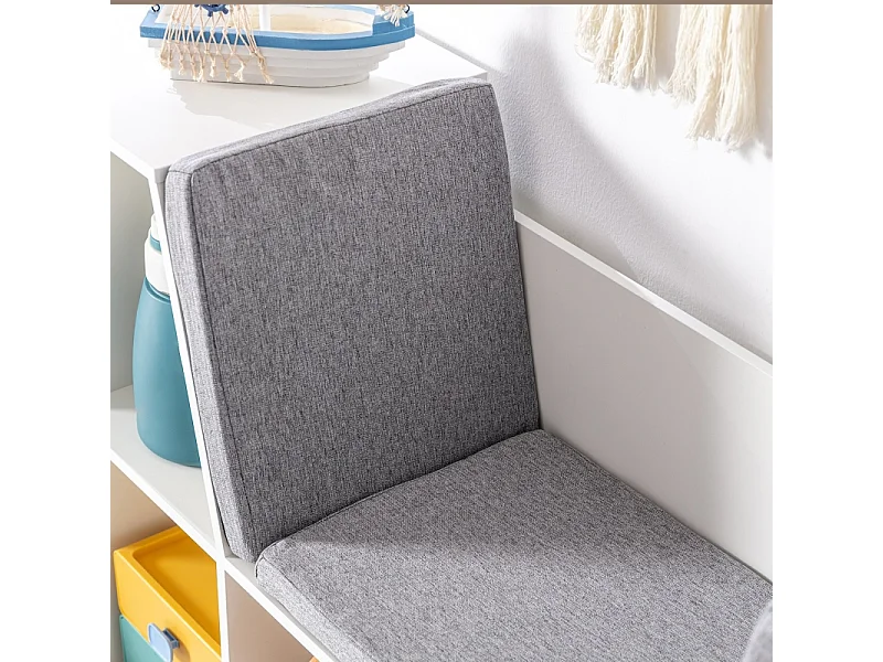 Bibliothèque enfant avec siège, 6 compartiments, MDF, blanc et gris, avec coussins (103x30x62 cm)