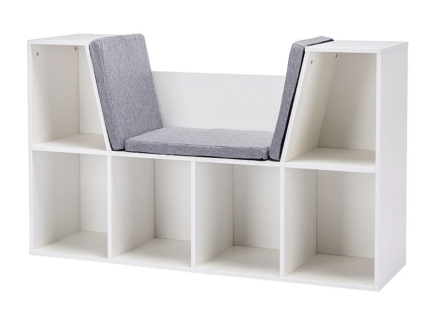 Libreria per bambini con seduta, 6 scomparti, MDF, bianco e grigio, con cuscini (103x30x62 cm)