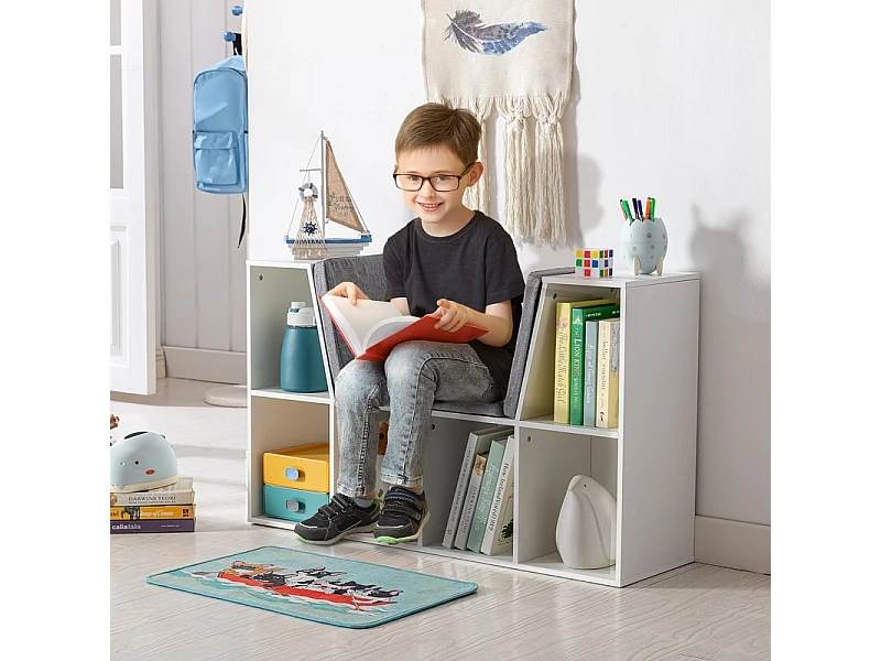 Libreria per bambini con seduta, 6 scomparti, MDF, bianco e grigio, con cuscini (103x30x62 cm)
