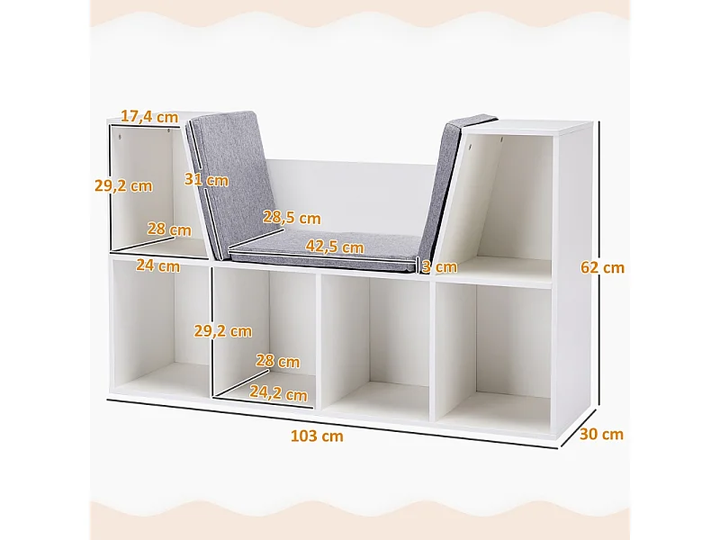 Libreria per bambini con seduta, 6 scomparti, MDF, bianco e grigio, con cuscini (103x30x62 cm)