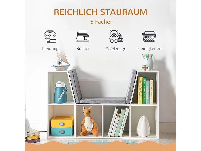 Libreria per bambini con seduta, 6 scomparti, MDF, bianco e grigio, con cuscini (103x30x62 cm)
