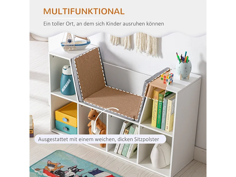 Libreria per bambini con seduta, 6 scomparti, MDF, bianco e grigio, con cuscini (103x30x62 cm)