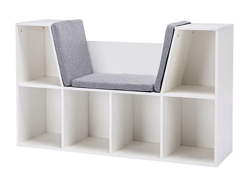 Libreria per bambini con seduta, 6 scomparti, MDF, bianco e grigio, con cuscini (103x30x62 cm)