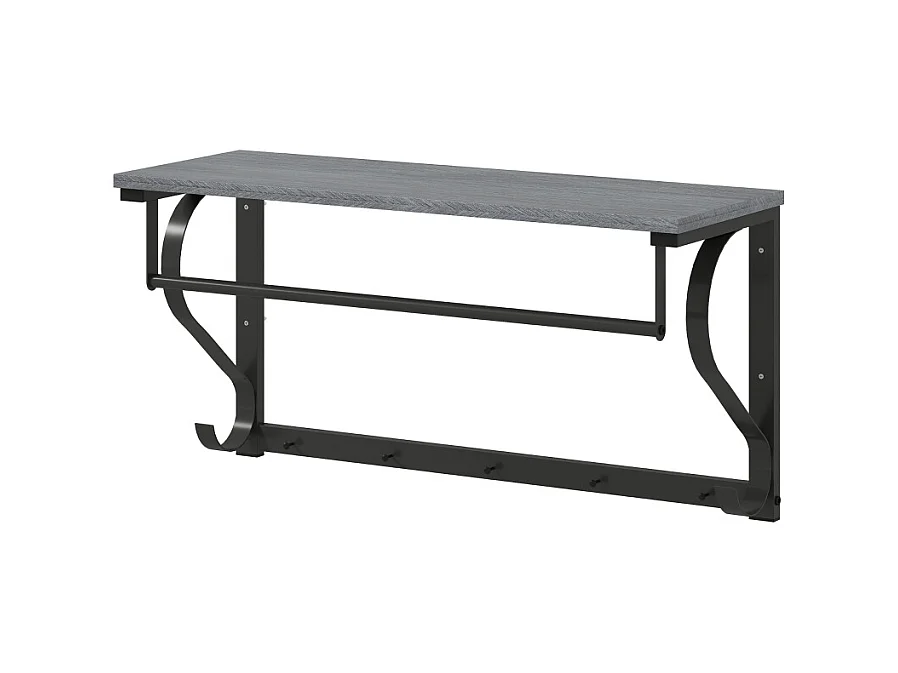 Porte-manteau mural, 5 crochets, étagère supérieure, métal et bois, gris (60x25x30 cm)