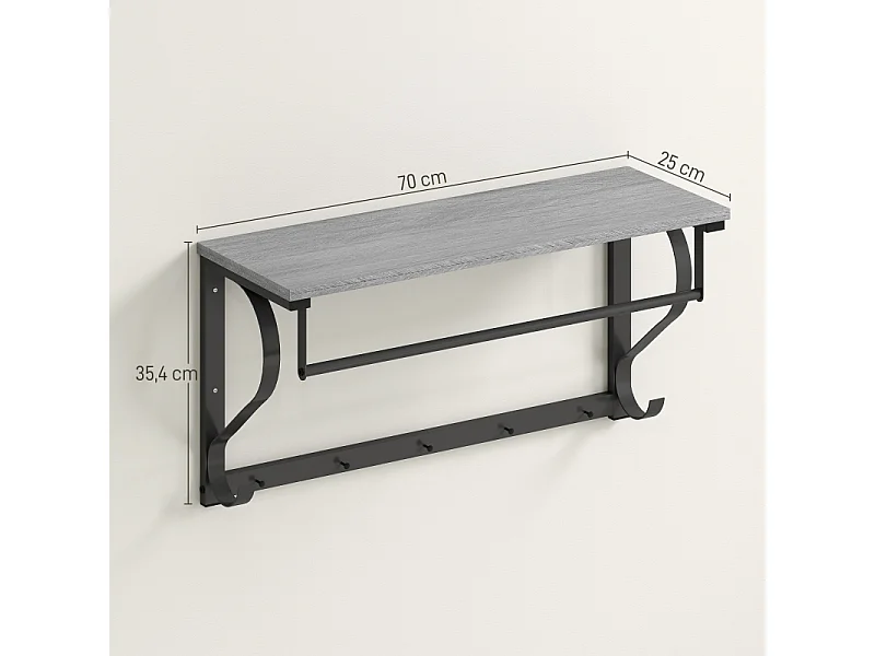 Porte-manteau mural, 5 crochets, étagère supérieure, métal et bois, gris (60x25x30 cm)