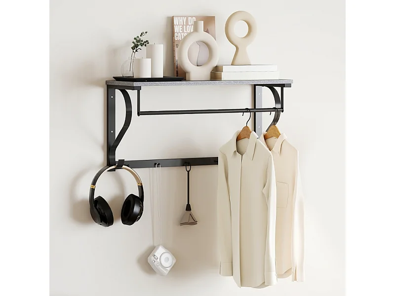 Porte-manteau mural, 5 crochets, étagère supérieure, métal et bois, gris (60x25x30 cm)