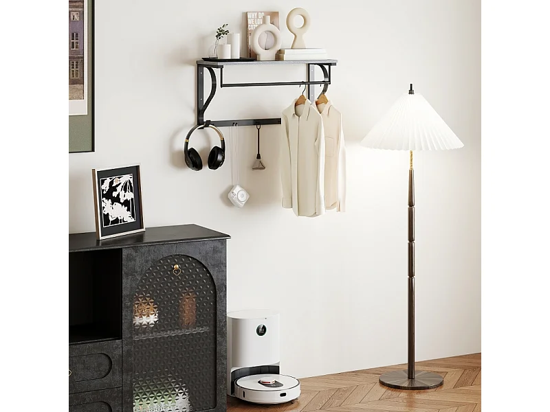 Porte-manteau mural, 5 crochets, étagère supérieure, métal et bois, gris (60x25x30 cm)