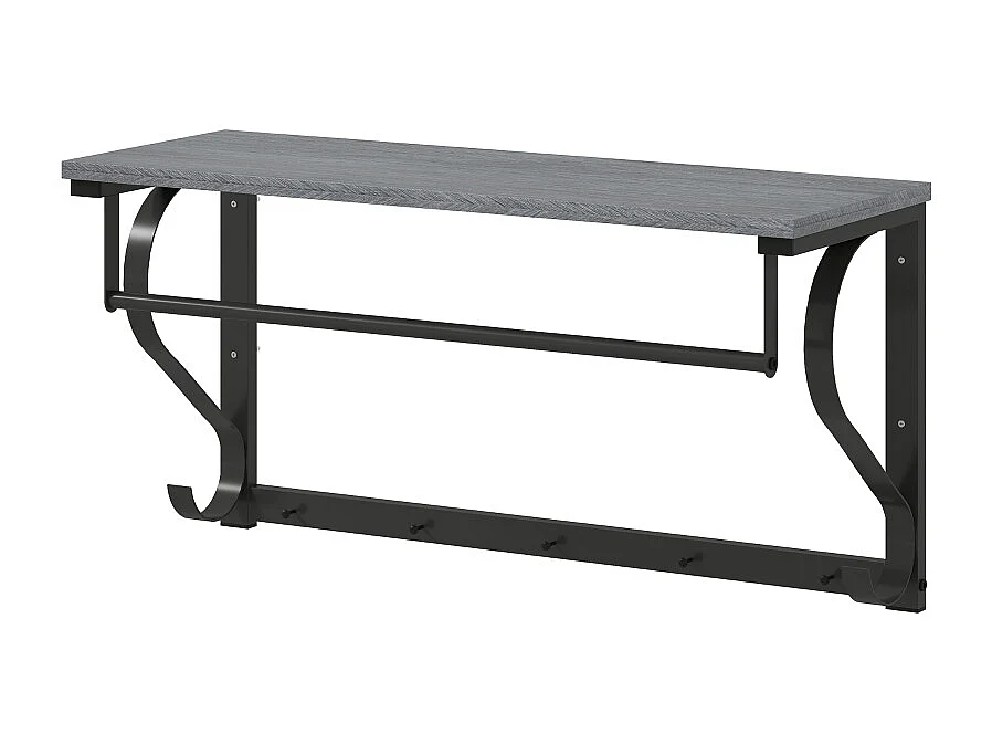 Porte-manteau mural, 5 crochets, étagère supérieure, métal et bois, gris (60x25x30 cm)