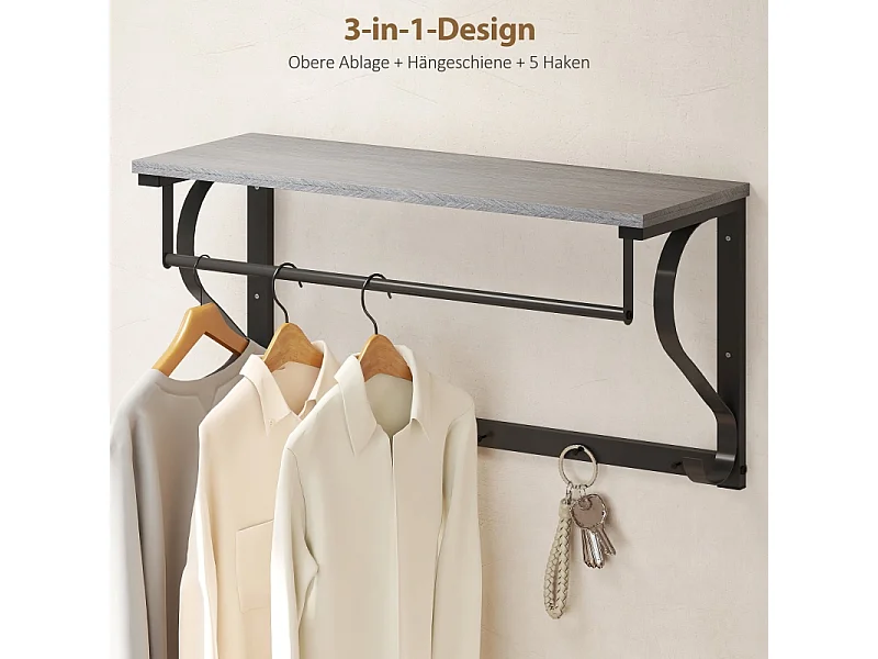 Porte-manteau mural, 5 crochets, étagère supérieure, métal et bois, gris (60x25x30 cm)