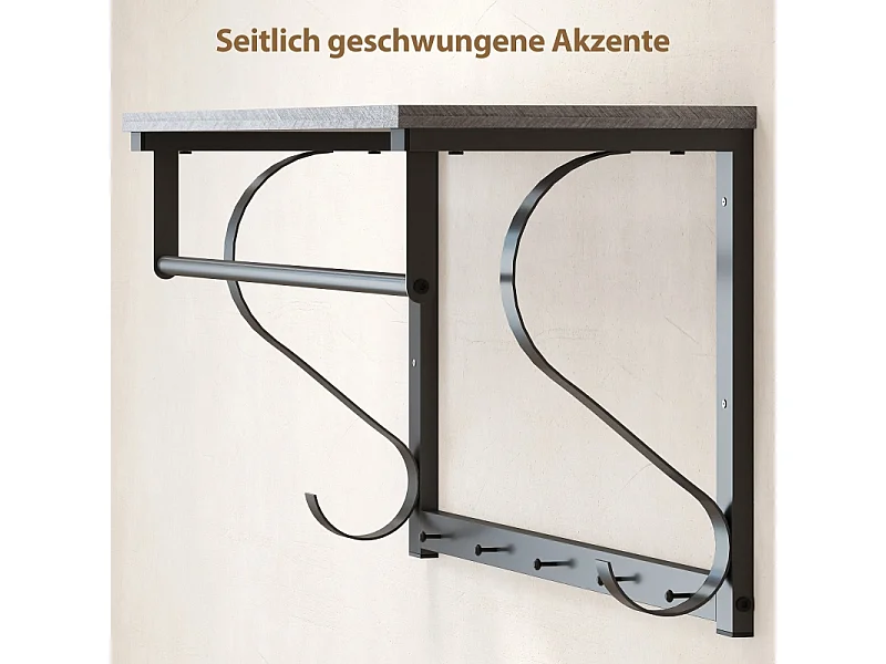 Porte-manteau mural, 5 crochets, étagère supérieure, métal et bois, gris (60x25x30 cm)