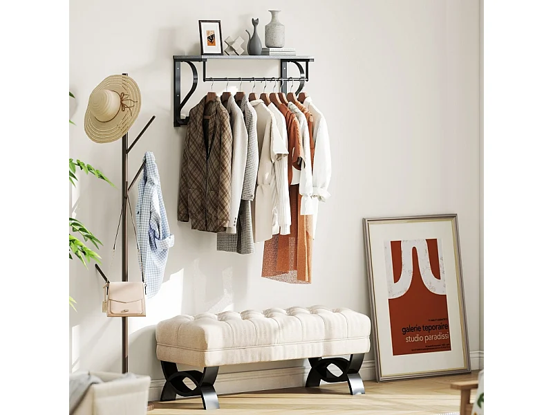 Porte-manteau mural, 5 crochets, étagère supérieure, métal et bois, gris (60x25x30 cm)