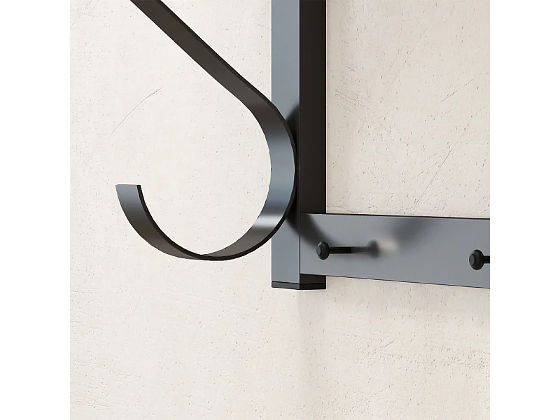 Porte-manteau mural, 5 crochets, étagère supérieure, métal et bois, gris (60x25x30 cm)