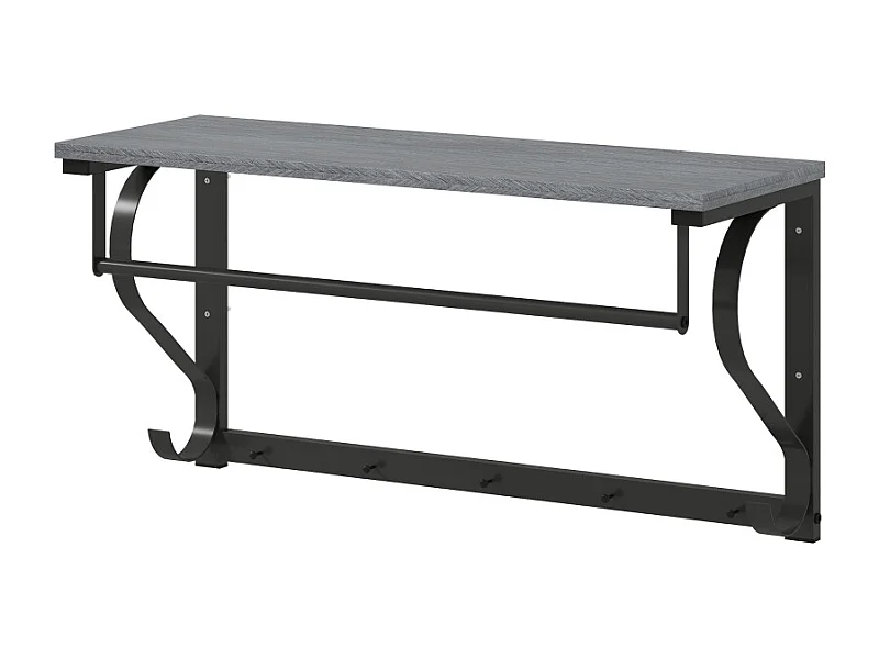 Porte-manteau mural, 5 crochets, étagère supérieure, métal et bois, gris (60x25x30 cm)