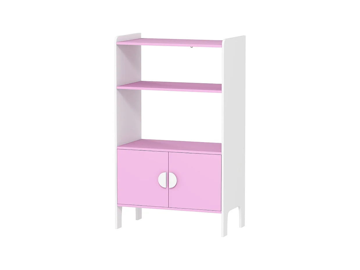 Bibliothèque pour enfants, 2 étagères, 2 armoires, design anti-basculement, MDF, rose et blanc (60x35x100 cm)