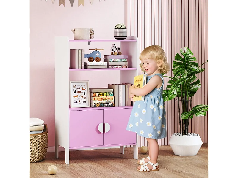 Libreria per bambini, 2 ripiani, 2 armadietti, design antiribaltamento, MDF, rosa e bianco (60x35x100 cm)