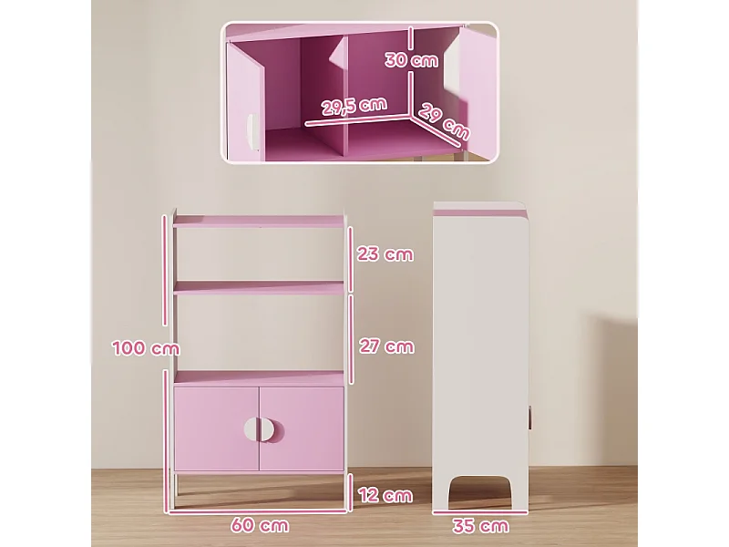 Libreria per bambini, 2 ripiani, 2 armadietti, design antiribaltamento, MDF, rosa e bianco (60x35x100 cm)