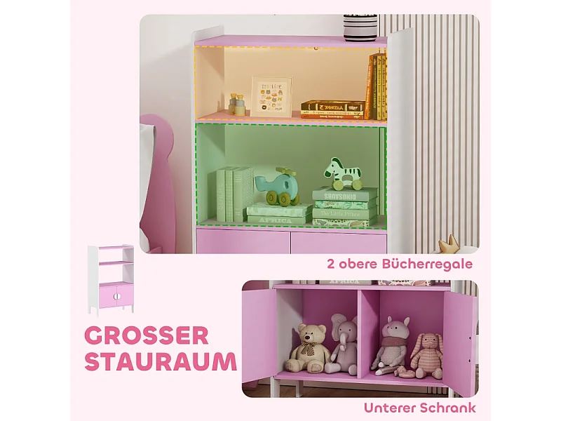 Libreria per bambini, 2 ripiani, 2 armadietti, design antiribaltamento, MDF, rosa e bianco (60x35x100 cm)