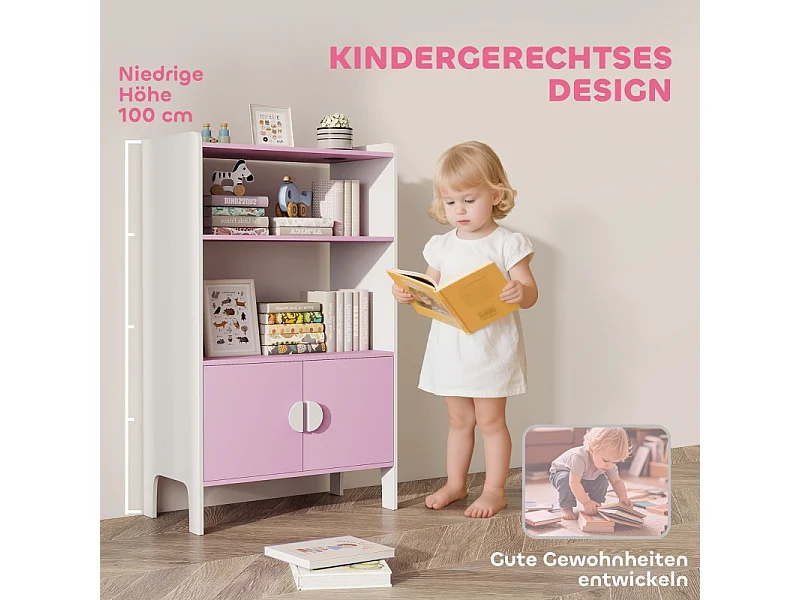 Libreria per bambini, 2 ripiani, 2 armadietti, design antiribaltamento, MDF, rosa e bianco (60x35x100 cm)