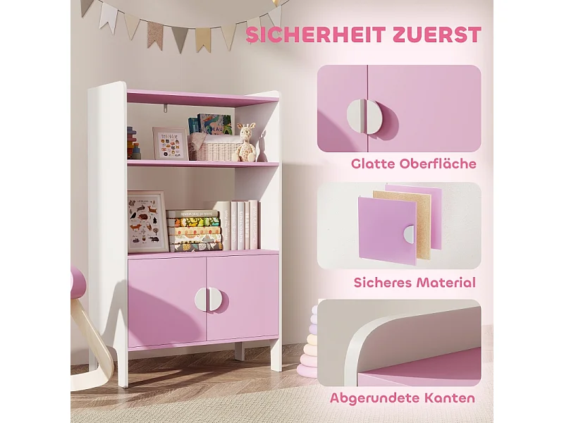 Libreria per bambini, 2 ripiani, 2 armadietti, design antiribaltamento, MDF, rosa e bianco (60x35x100 cm)