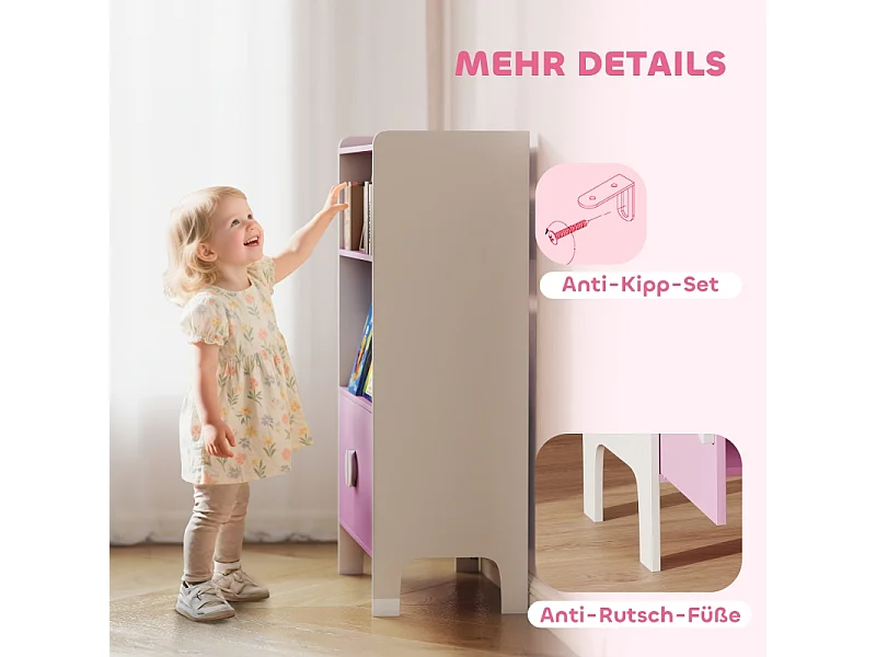 Libreria per bambini, 2 ripiani, 2 armadietti, design antiribaltamento, MDF, rosa e bianco (60x35x100 cm)