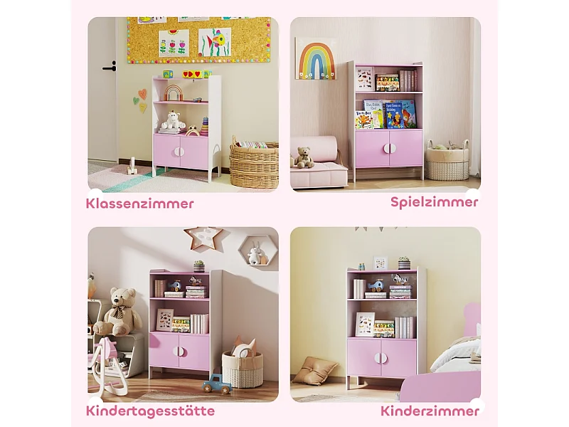 Libreria per bambini, 2 ripiani, 2 armadietti, design antiribaltamento, MDF, rosa e bianco (60x35x100 cm)